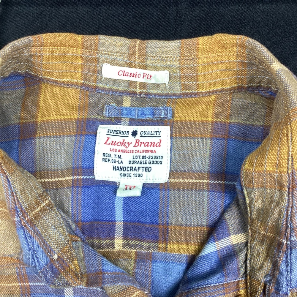 Lucky Brand Mens XXL Classic Fit Plaid Flannel Button Down Shirt Blue Yellow - Picture 2 of 4